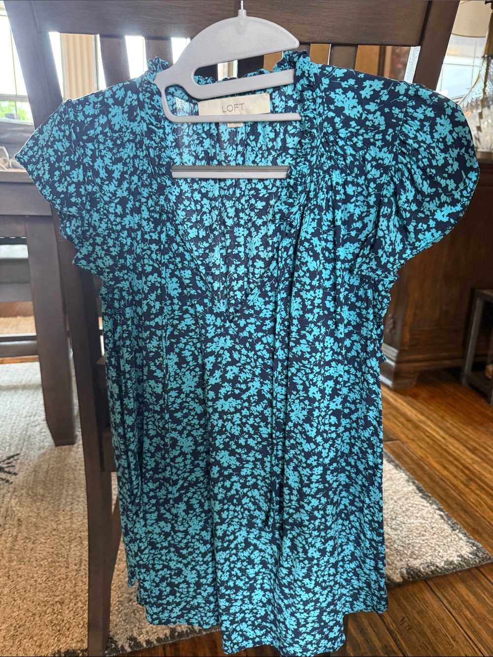 LOFT Black & Teal Floral Flutter-Sleeve V-Neck Top